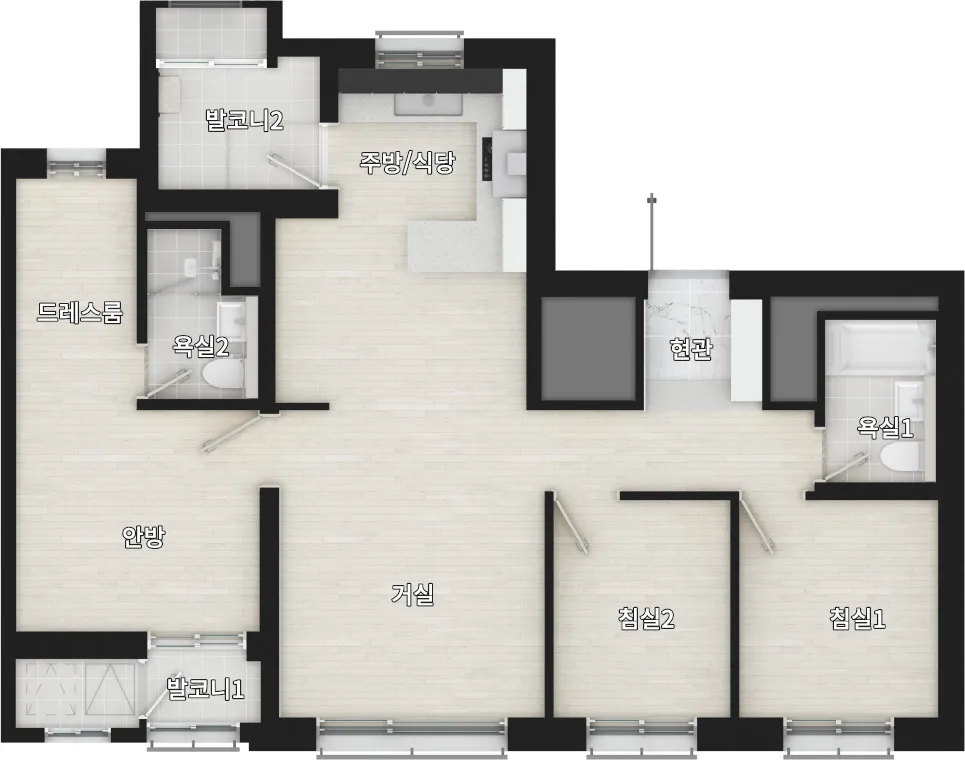 신분평 더웨이시티 59m²A 타입 확장기본형 평면도